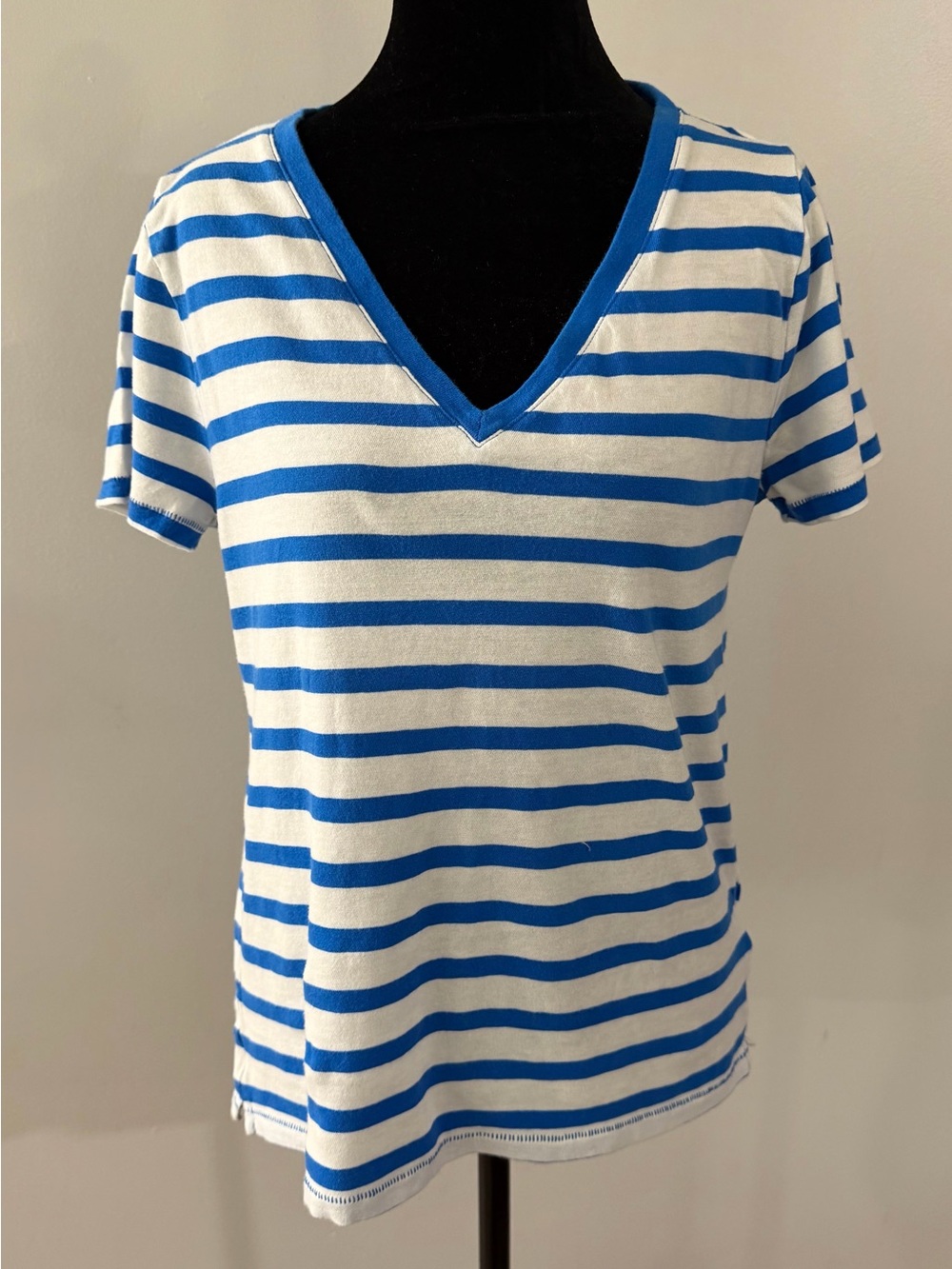 J. Crew Blue White Cotton Striped V-Neck Women's T-Shirt Top Casual Classic Prep